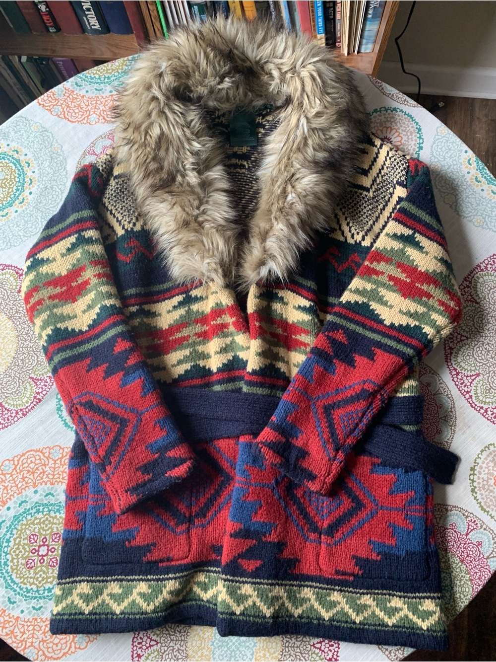 Vintage Ralph Lauren Southwestern Alpaca Blend Duster Cardigan w/Faux Fur XL